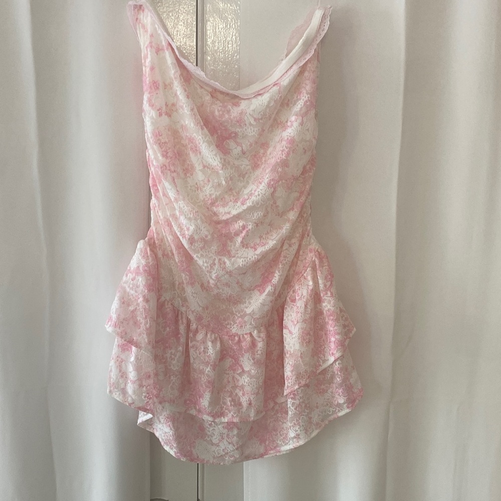 LoveShackFancy Pink and White Floral Cowl Neck Mini Dress - Picture 3 of 3